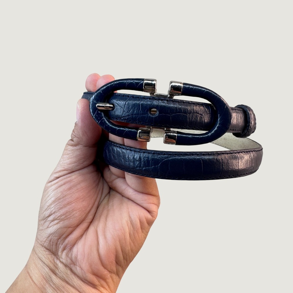 Another Line Inc Belt M Navy Blue Croc Embossed Leather Skinny Classic Luxury